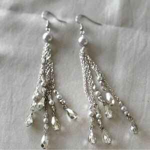 Elegant Silver-Tone Chandelier Fringe Dangle Earrings Pearls & Crystal Beads